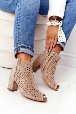 Boto Botki Wiosenne|Botki Na Słupku*Ażurowe Skórzane Botki Na Słupku Exquisite 1184 Beżowe