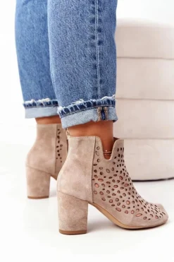 Boto Botki Wiosenne|Botki Na Słupku*Ażurowe Skórzane Botki Na Słupku Exquisite 1184 Beżowe