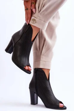 Boto Botki Na Słupku|Czarne Botki*Ażurowe Skórzane Botki Na Słupku Czarne Florina