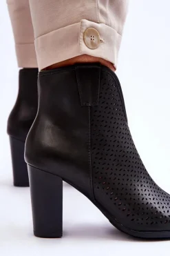 Boto Botki Na Słupku|Czarne Botki*Ażurowe Skórzane Botki Na Słupku Czarne Florina