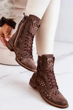 Damskie Zazoo Ażurowe Skórzane Botki Nicole Brązowe 2695