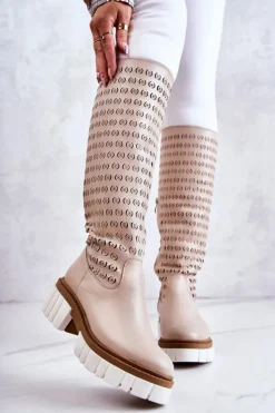 Hot Boto Ażurowe Skórzane Kozaki Na Suwak Beżowe Lativia