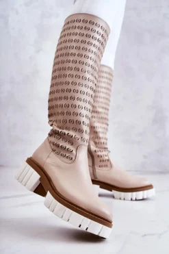 Hot Boto Ażurowe Skórzane Kozaki Na Suwak Beżowe Lativia