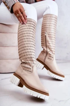 Hot Boto Ażurowe Skórzane Kozaki Na Suwak Beżowe Lativia