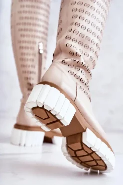 Hot Boto Ażurowe Skórzane Kozaki Na Suwak Beżowe Lativia