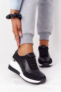 Damskie Damskie buty S.Barski Ażurowe Skórzane Sneakersy Na Koturnie S.Barski Czarne