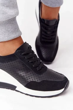 Damskie Damskie buty S.Barski Ażurowe Skórzane Sneakersy Na Koturnie S.Barski Czarne