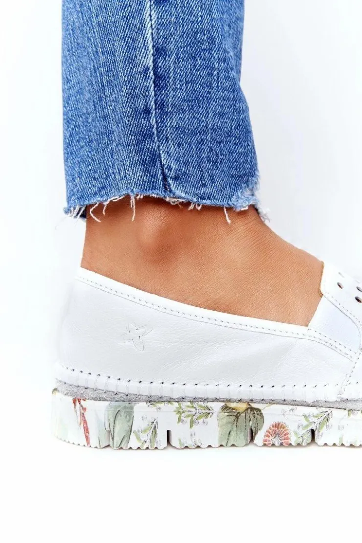 Clearance Maciejka Ażurowe Skórzane Tenisówki Półbuty Slip-On Białe 03512B-11