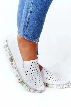 Clearance Maciejka Ażurowe Skórzane Tenisówki Półbuty Slip-On Białe 03512B-11