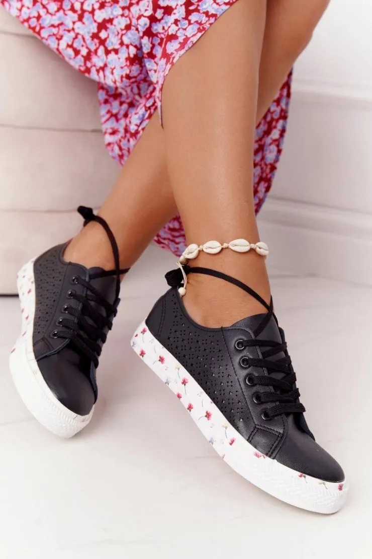 Evento Trampki Damskie Niskie*Ażurowe Skórzane Tenisówki W Kwiaty Czarne Spring