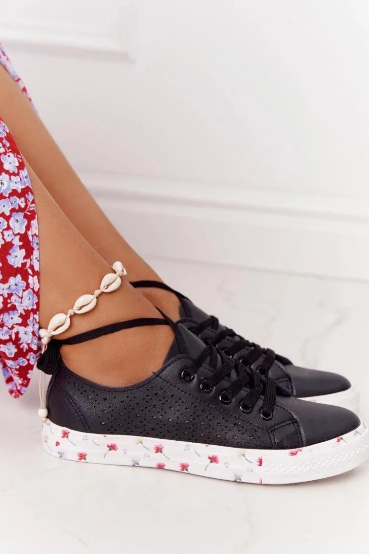 Evento Trampki Damskie Niskie*Ażurowe Skórzane Tenisówki W Kwiaty Czarne Spring