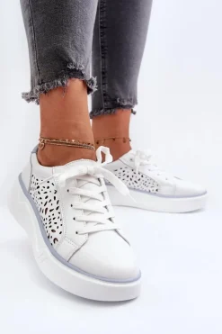 Evento Ażurowe Sneakersy Damskie Na Platformie Skórzane Białe Peilaeno Biały