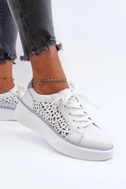 Evento Ażurowe Sneakersy Damskie Na Platformie Skórzane Białe Peilaeno Biały