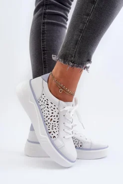 Evento Ażurowe Sneakersy Damskie Na Platformie Skórzane Białe Peilaeno Biały