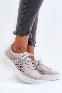 Evento Buty Sportowe Na Platformie*Ażurowe Sneakersy Damskie Na Platformie Skórzane Szare Peilaeno