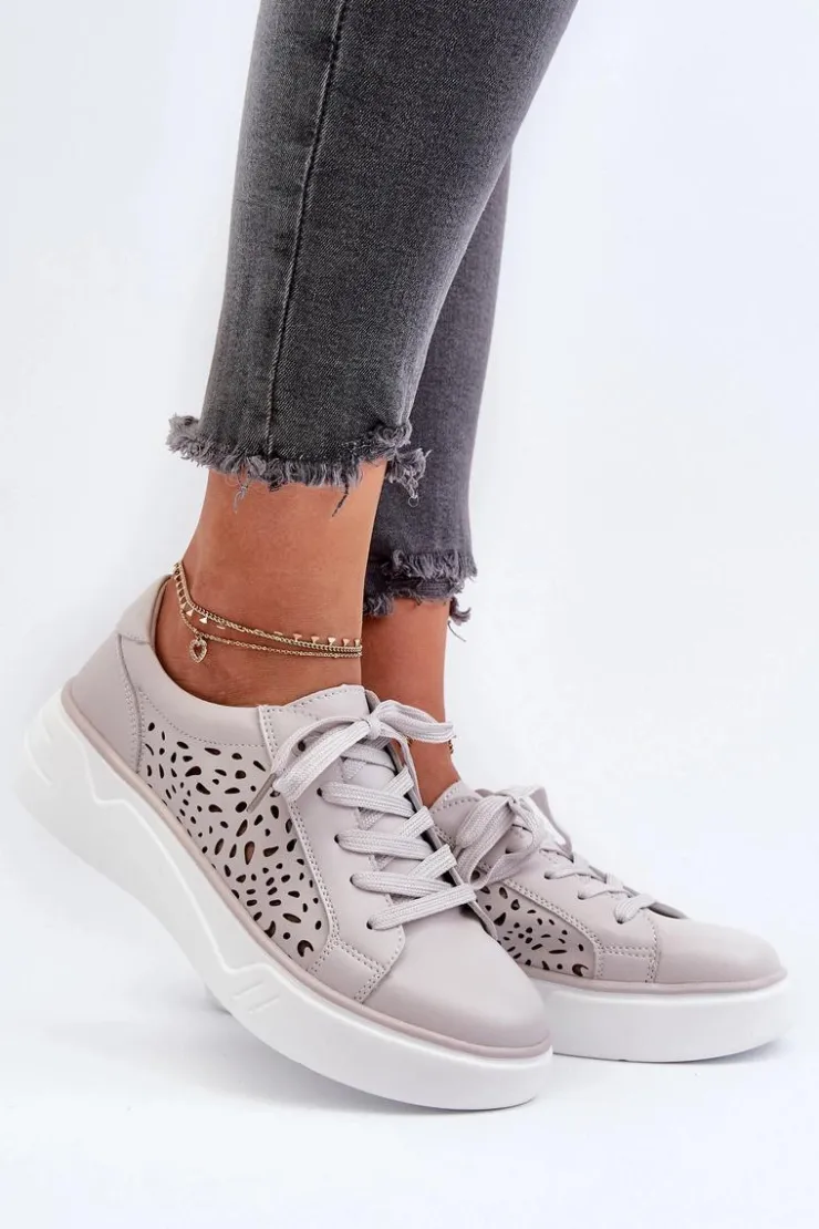 Evento Buty Sportowe Na Platformie*Ażurowe Sneakersy Damskie Na Platformie Skórzane Szare Peilaeno