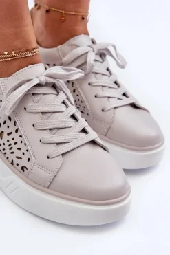 Evento Buty Sportowe Na Platformie*Ażurowe Sneakersy Damskie Na Platformie Skórzane Szare Peilaeno