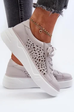 Evento Buty Sportowe Na Platformie*Ażurowe Sneakersy Damskie Na Platformie Skórzane Szare Peilaeno