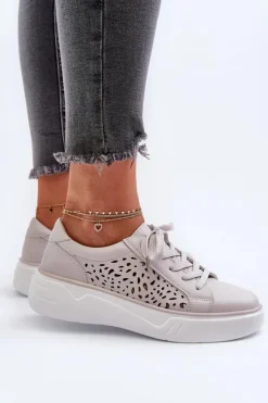 Evento Buty Sportowe Na Platformie*Ażurowe Sneakersy Damskie Na Platformie Skórzane Szare Peilaeno