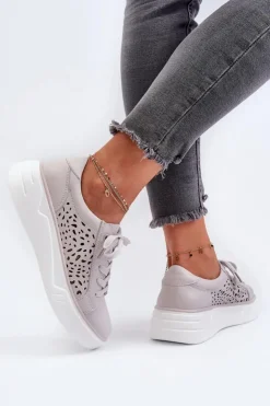 Evento Buty Sportowe Na Platformie*Ażurowe Sneakersy Damskie Na Platformie Skórzane Szare Peilaeno