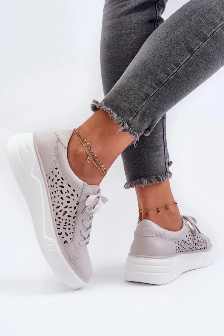 Evento Buty Sportowe Na Platformie*Ażurowe Sneakersy Damskie Na Platformie Skórzane Szare Peilaeno