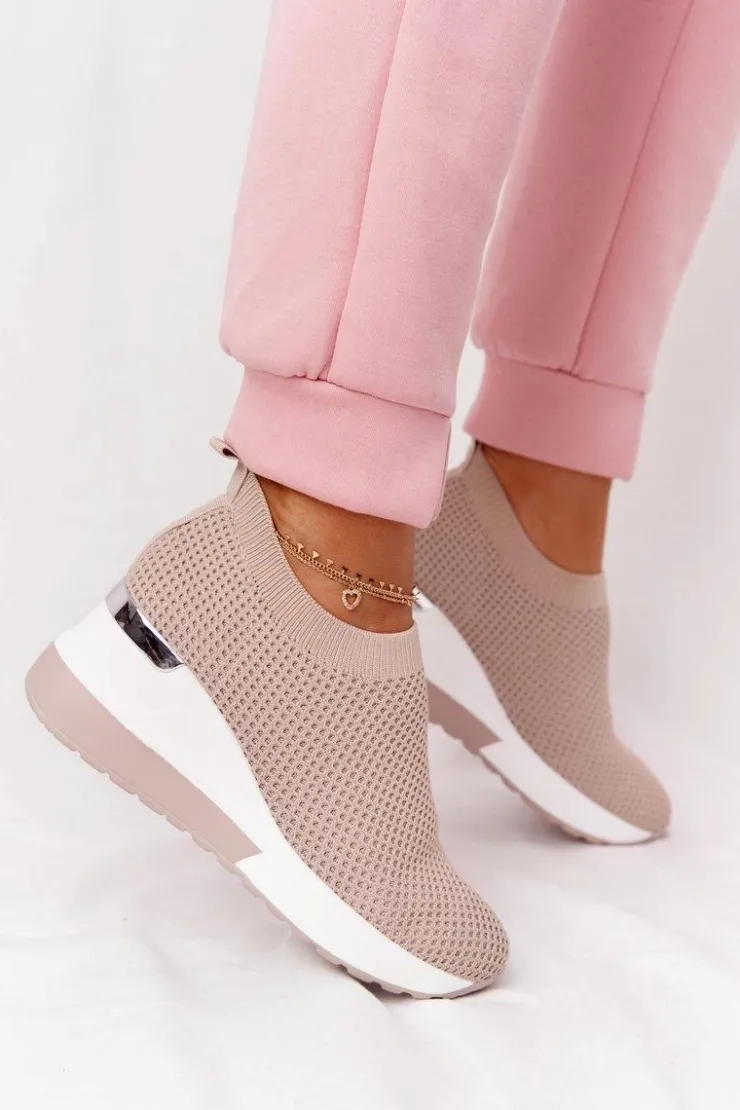 Damskie Boto Ażurowe Sneakersy Slip-On Na Koturnie Beżowe Harmony