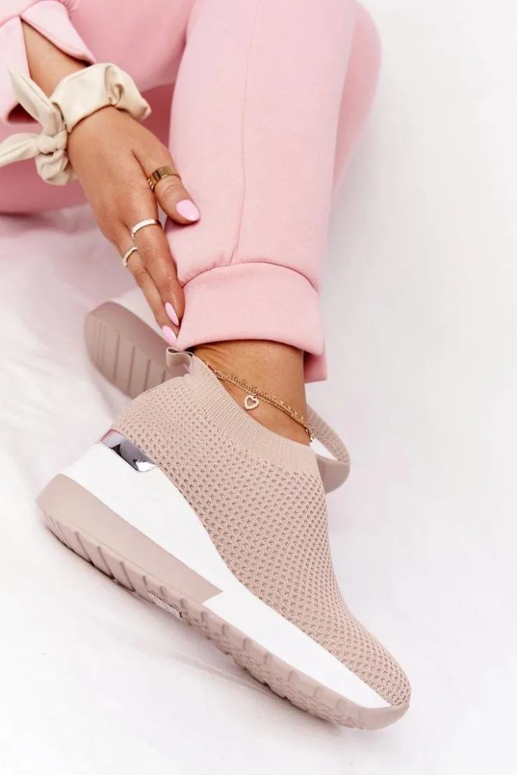 Damskie Boto Ażurowe Sneakersy Slip-On Na Koturnie Beżowe Harmony