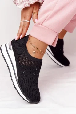 Boto Sneakersy Damskie*Ażurowe Sneakersy Slip-On Na Koturnie Czarne Sophia
