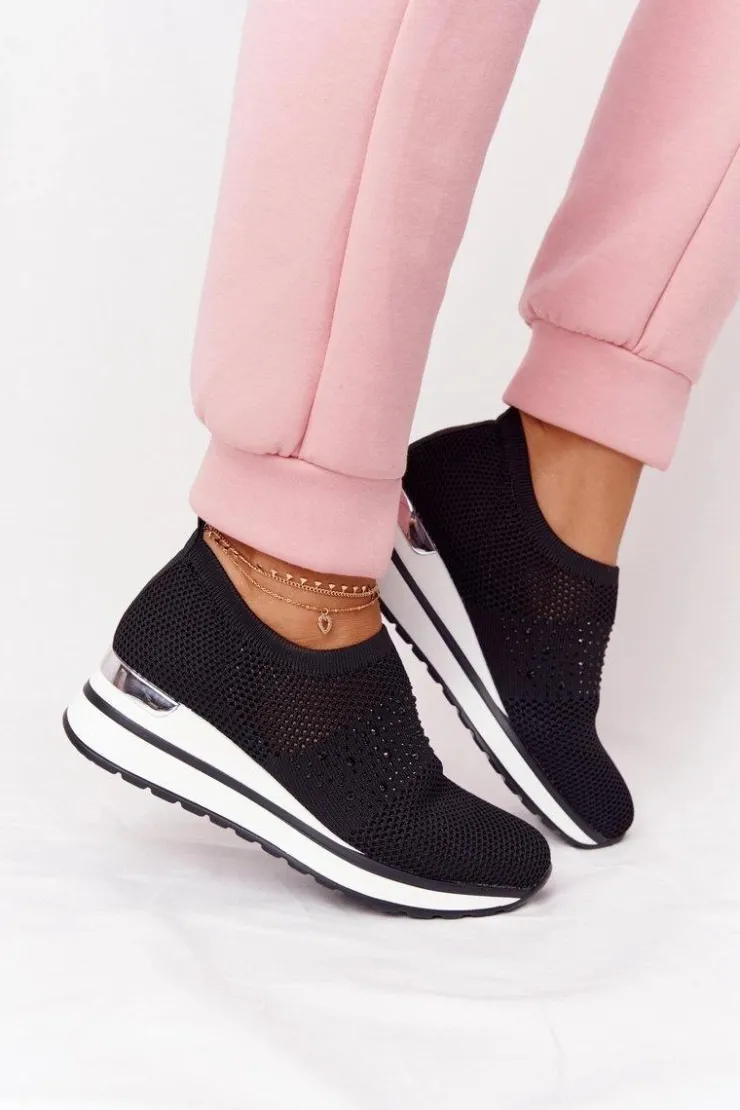 Boto Sneakersy Damskie*Ażurowe Sneakersy Slip-On Na Koturnie Czarne Sophia