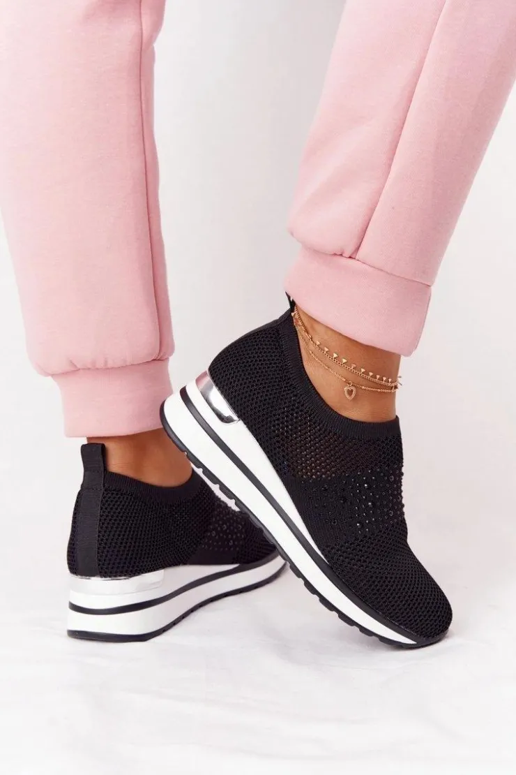 Boto Sneakersy Damskie*Ażurowe Sneakersy Slip-On Na Koturnie Czarne Sophia