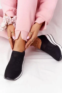 Boto Sneakersy Damskie*Ażurowe Sneakersy Slip-On Na Koturnie Czarne Sophia