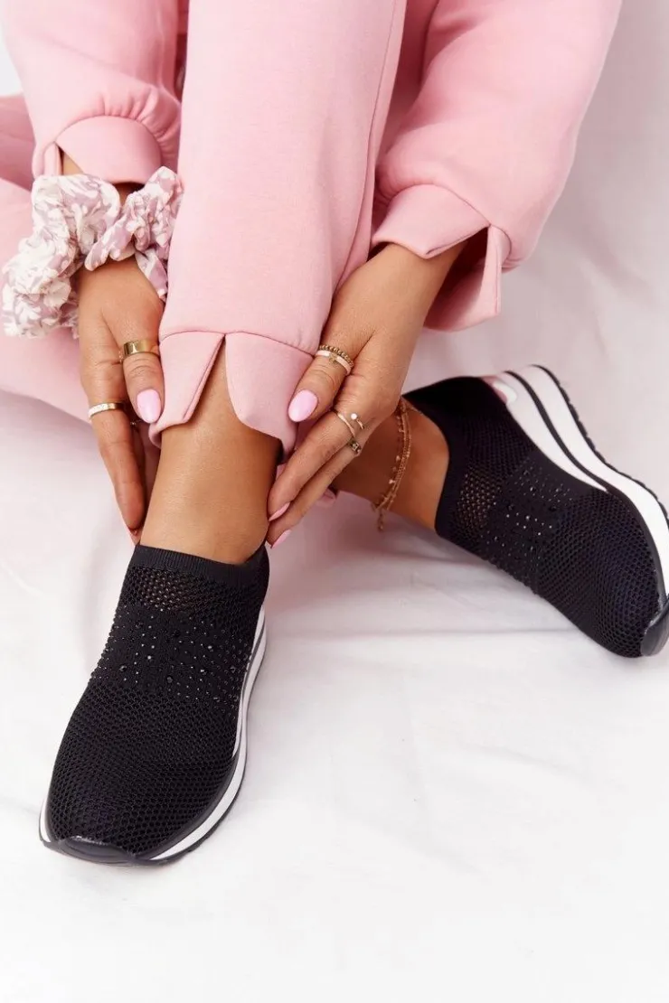Boto Sneakersy Damskie*Ażurowe Sneakersy Slip-On Na Koturnie Czarne Sophia