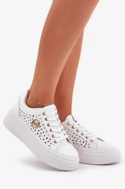 Clearance Boto Ażurowe Sneakersy Ze Złotym Detalem Białe Cassildi