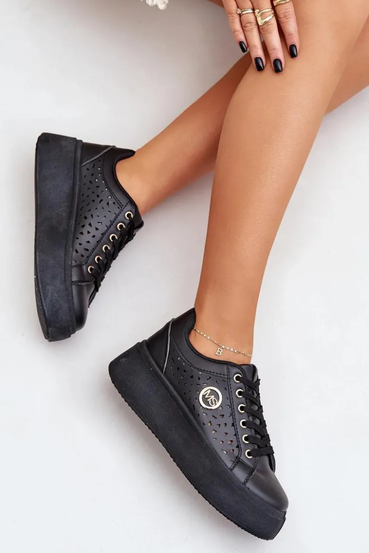 Boto Buty Sportowe Na Platformie|Sneakersy Damskie*Ażurowe Sneakersy Ze Złotym Detalem Czarne Cassildi