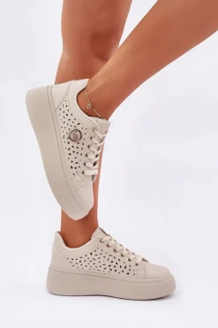 Damskie Boto Ażurowe Sneakersy Ze Złotym Detalem Beżowe Cassildi