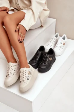 Damskie Boto Ażurowe Sneakersy Ze Złotym Detalem Beżowe Cassildi