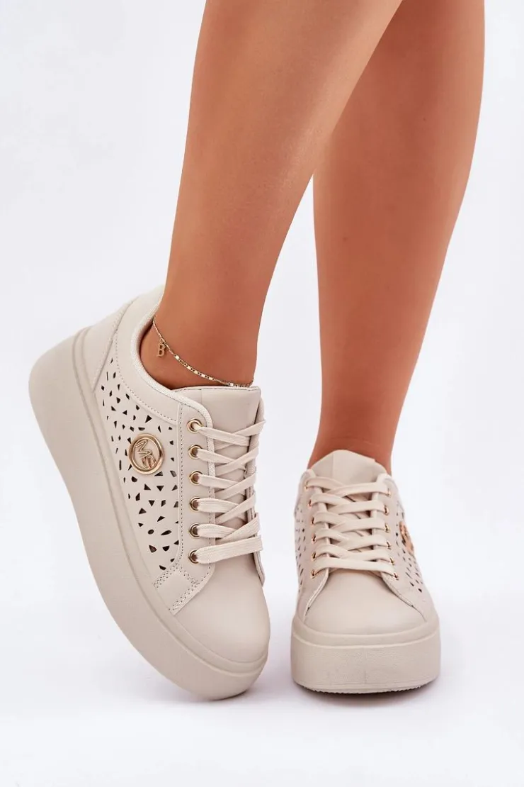 Damskie Boto Ażurowe Sneakersy Ze Złotym Detalem Beżowe Cassildi