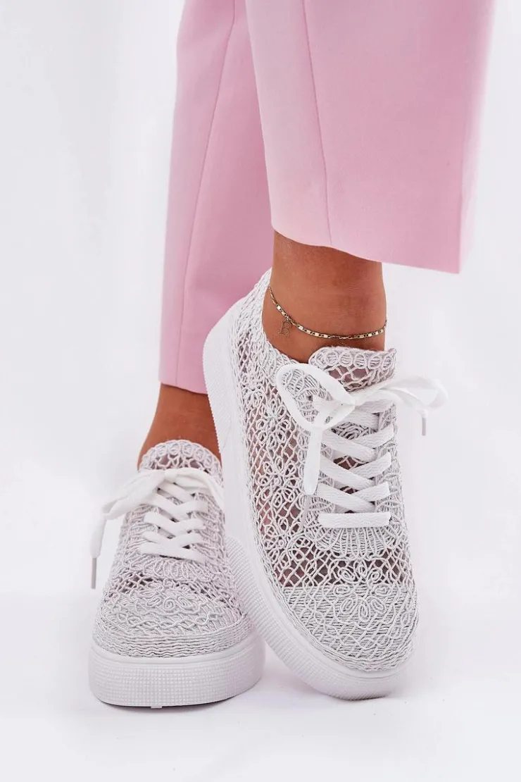 Damskie Boto Ażurowe Tenisówki Damskie Na Platformie Białe Aranelith