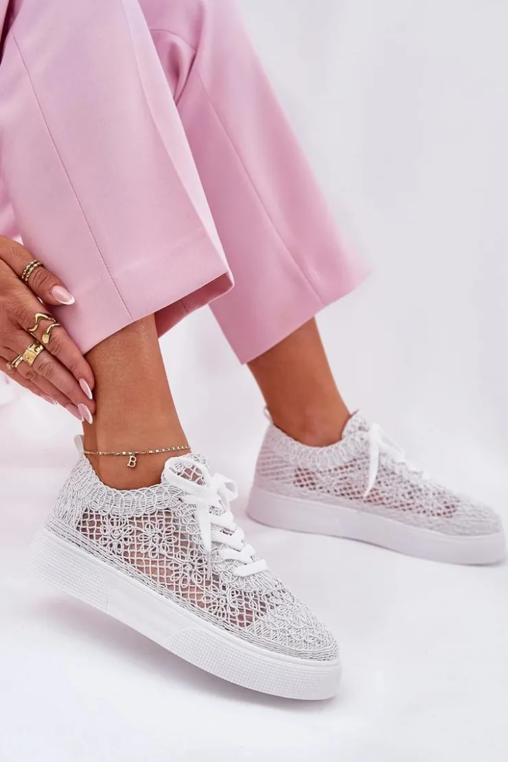 Damskie Boto Ażurowe Tenisówki Damskie Na Platformie Białe Aranelith