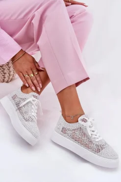 Damskie Boto Ażurowe Tenisówki Damskie Na Platformie Białe Aranelith