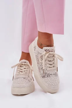 Damskie Boto Ażurowe Tenisówki Damskie Na Platformie Jasnobeżowe Aranelith