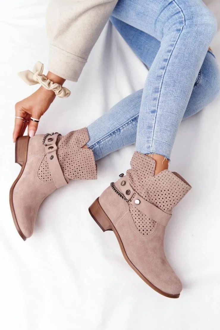 Damskie Boto Ażurowe Wiosenne Botki Lewski Shoes 2905-0 Beżowe