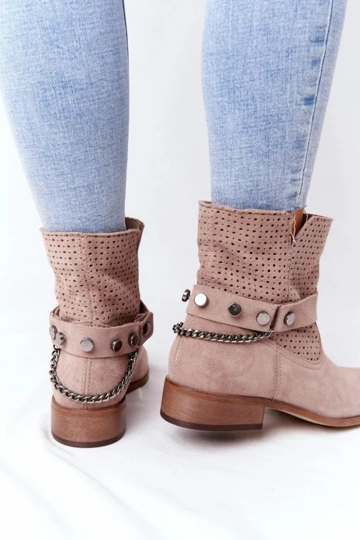 Damskie Boto Ażurowe Wiosenne Botki Lewski Shoes 2905-0 Beżowe