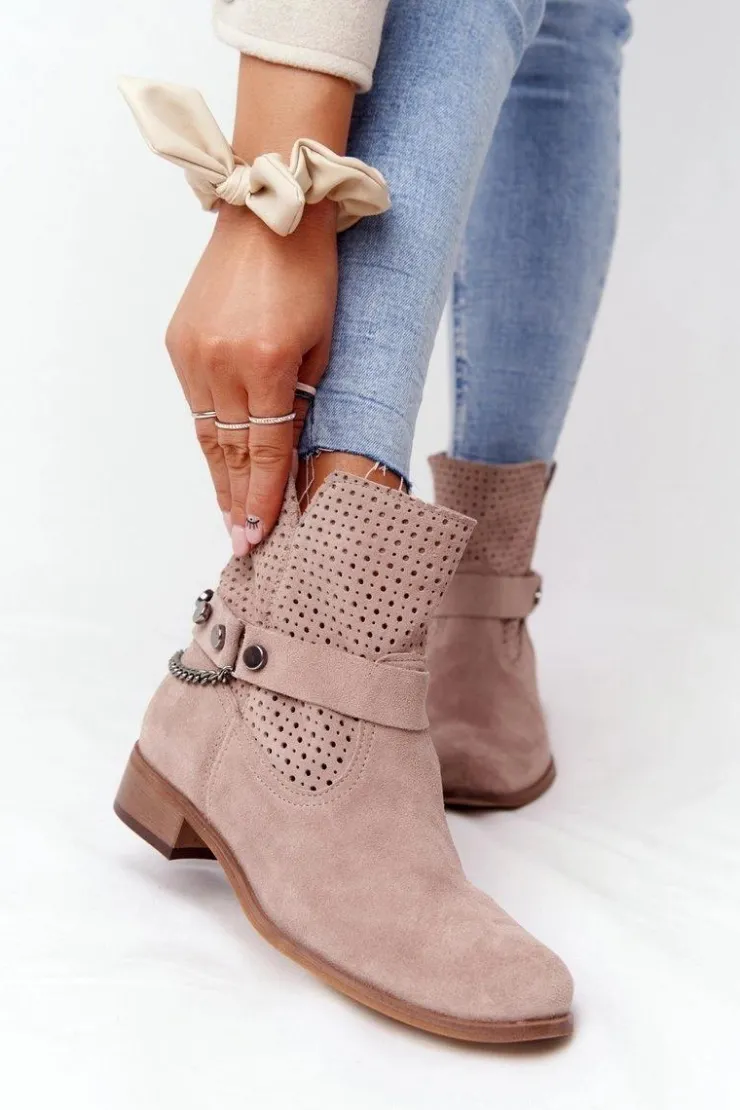 Damskie Boto Ażurowe Wiosenne Botki Lewski Shoes 2905-0 Beżowe