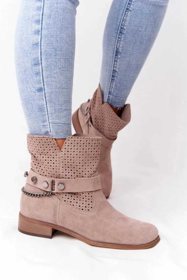 Damskie Boto Ażurowe Wiosenne Botki Lewski Shoes 2905-0 Beżowe