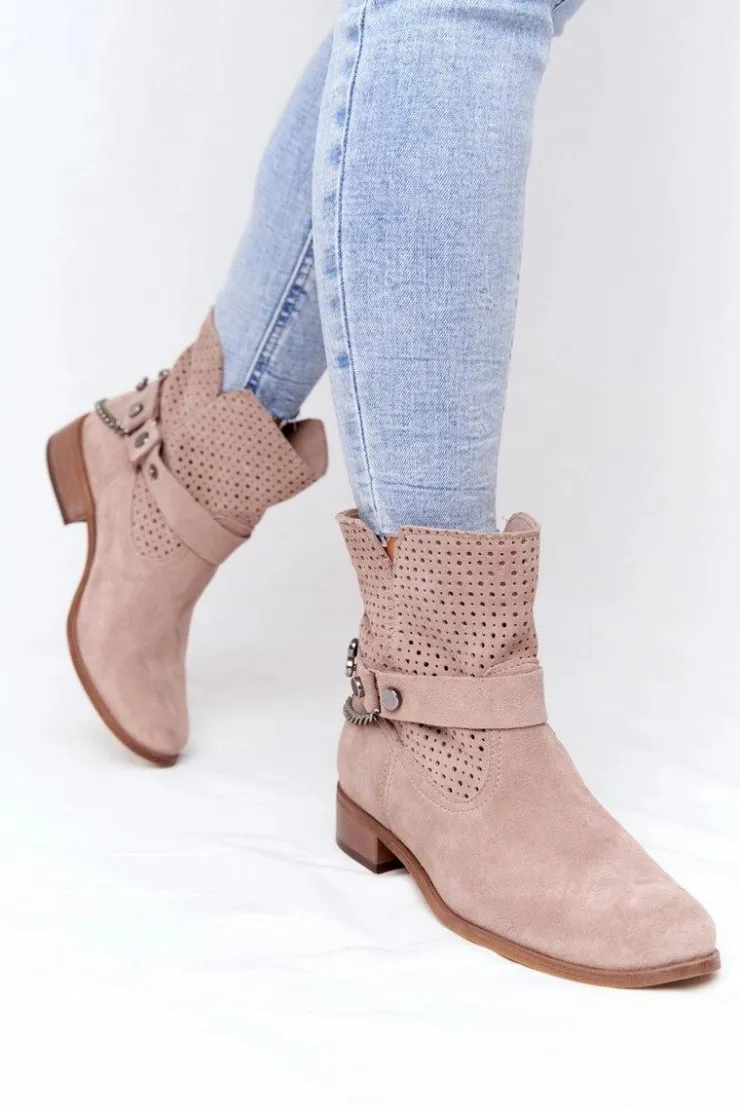 Damskie Boto Ażurowe Wiosenne Botki Lewski Shoes 2905-0 Beżowe