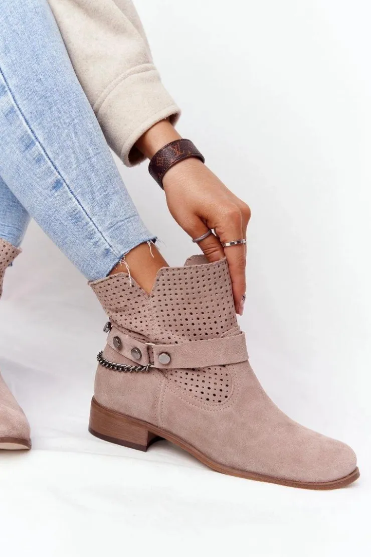 Damskie Boto Ażurowe Wiosenne Botki Lewski Shoes 2905-0 Beżowe