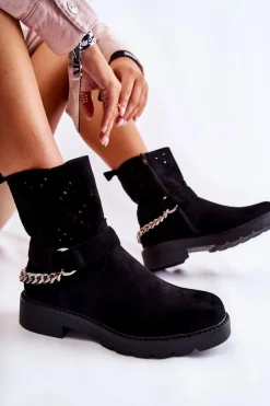 Boto Botki Wiosenne|Czarne Botki*Ażurowe Wiosenne Botki Na Suwak Z Łańcuchem Czarne Chantelle Czarny