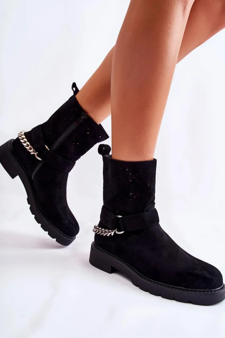 Boto Botki Wiosenne|Czarne Botki*Ażurowe Wiosenne Botki Na Suwak Z Łańcuchem Czarne Chantelle Czarny