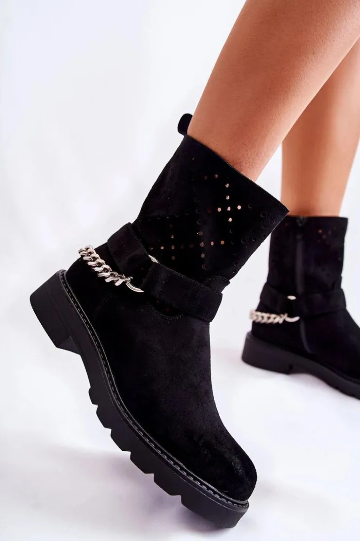 Boto Botki Wiosenne|Czarne Botki*Ażurowe Wiosenne Botki Na Suwak Z Łańcuchem Czarne Chantelle Czarny